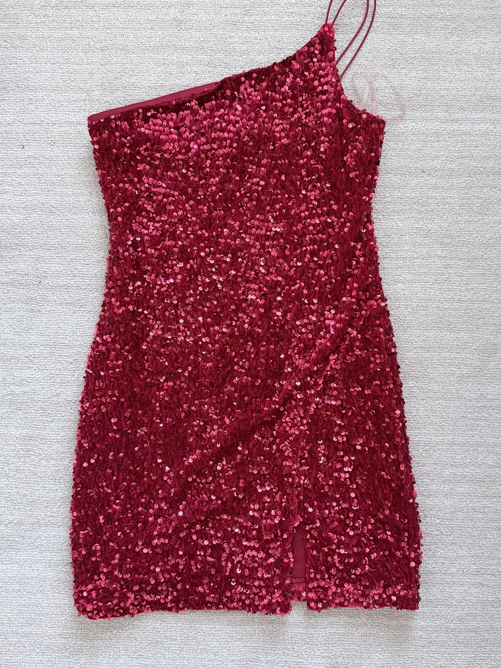 Crystal Doll One-Shoulder Sequin Dress - Wine Red